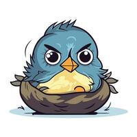 Cute blue bird in a nest. Vector illustration isolated on white background.