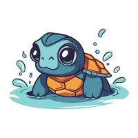 Cute cartoon turtle swimming in the water. Vector illustration on white background.