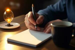 New idea concept with man writing down on paper his new idea. Generative AI photo