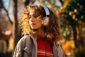 mujer escucha música con auriculares en ciudad calle, generativo ai. foto