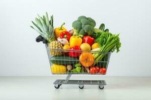 compras carretilla lleno con vegetales y frutas generativo ai foto