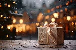 Navidad regalo en de madera mesa. Navidad pueblo en un Nevado noche en Clásico estilo. generativo ai foto