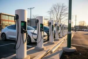 Electric car charging battery at EV charger station. Generative AI. photo