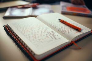 colegio cuaderno con escrito texto. generativo ai foto