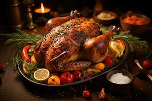 Delicious Turkey on a table nicely decorated in a garden Thanksgiving minimalist. Generative AI photo