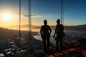 A workers working at height with safety harness. Generative AI photo