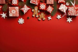 Christmas Banner with some presents, gingerbread man cookies on red background. Generative AI photo