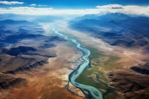 View from orbit of a lush river delta in the middle of a desert. Generative AI photo