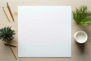 Directly above shot of note pad and colored pencils on white background. Generative AI photo