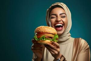 comiendo un hamburguesa de internacional gente. generativo ai foto