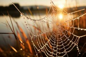 Close up Sunrise backlit dew drops clinging to a delicate spider web. Generative AI photo