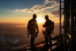 A workers working at height with safety harness. Generative AI photo