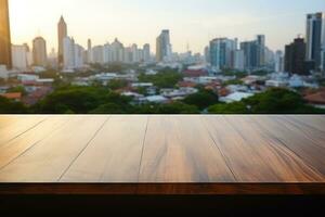 Empty top table no objects on the table blurred bangkok in the background. Generative AI photo