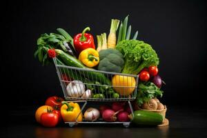 compras carretilla lleno con vegetales y frutas generativo ai foto