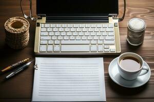 An office desktop a stack of A4 white paper, a pen, a cup of coffee. Generative AI photo