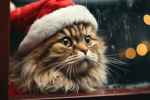 Cute cat in a Santa Claus costume Christmas blurred bokeh lights. Generative AI photo