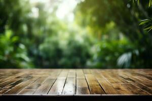 Empty table surface no objects on the table, blurred bamboo forest in the background. Generative AI photo