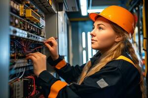 Female electrician at work on a fuse box, adorned in safety gear. Generative AI photo