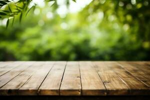 Empty table surface no objects on the table, blurred bamboo forest in the background. Generative AI photo