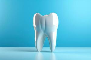 Tooth on blue backdrop with copy space. Generative AI photo