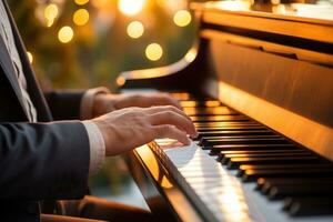 Photo of male hands of a person playing the piano bokeh lights in the background. Generative AI