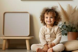 Style realistic photo of a baby sitting next to a plain white photo frame. Generative AI