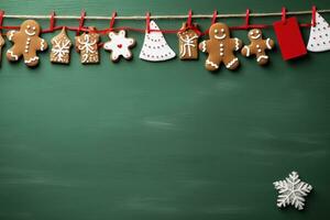 Navidad bandera con algunos regalos, pan de jengibre hombre galletas en verde antecedentes. generativo ai foto