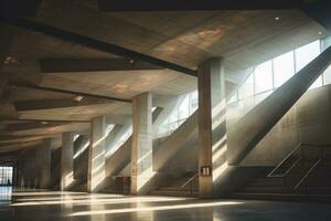 The inside of an abstract concrete building with two rays of light hitting the floor. Generative AI photo