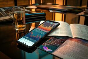 Smartphone is placed flat on the table with news words on it, and a financial chart. Generative AI photo