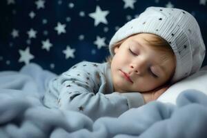 un pequeño niño es dormido en suave nubes, rodeado por espacio, estrellado cielo y paz. generativo ai foto