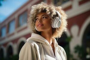 africano americano mujer escucha música con auriculares en ciudad calle, generativo ai. foto