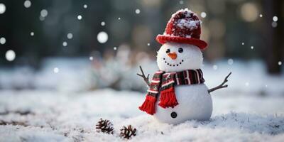 monigote de nieve con un Papa Noel sombrero, cerrar arriba, vacío espacio. generativo ai foto