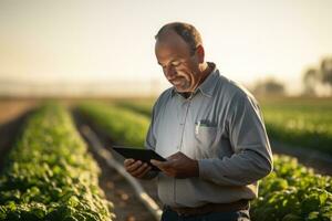 Close-up portrait agronomist examining crop health using a tablet in a sunlit field. Generative AI photo