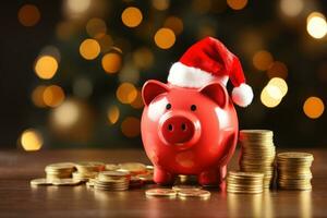 Piggy bank with Santa hat and gift coins on festive background. Generative AI photo