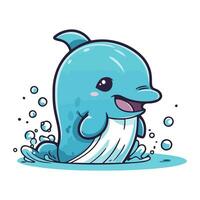 Cute cartoon whale with splashes of water. Vector illustration.