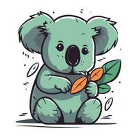 Cute cartoon koala with a leaf. Vector illustration on white background.