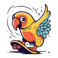 Cute parrot riding on skateboard. Cartoon vector illustration.