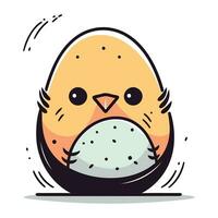 Cute chicken with egg in its beak. Vector illustration.