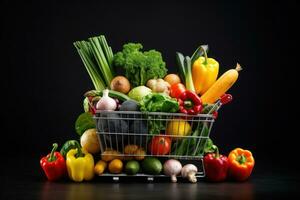 Shopping trolley full with vegetables and fruits. Generative AI photo