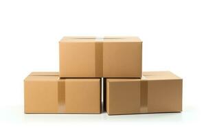 Clean, plain cardboard boxes in stock , white background, isolated on white. Generative AI photo