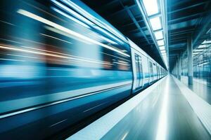 Fast express passenger train, futuristic conceptual technology on high speed railway. Generative AI photo