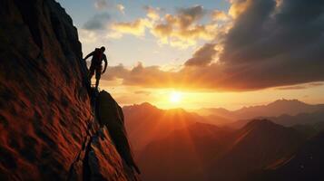 Black silhouette of a climber on a cliff rock with mountains landscape. Generative AI photo