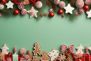 Navidad bandera con algunos regalos, pan de jengibre hombre galletas en verde antecedentes. generativo ai foto