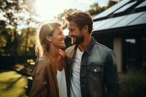 ai generado un contento Pareja soportes sonriente en el un grande casa con solar paneles instalado generativo ai foto