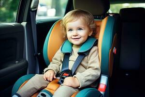 niño es jugando con temprano infancia educación juguetes en el auto, coche asiento. generativo ai foto