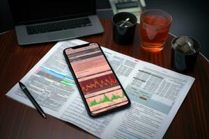 Smartphone is placed flat on the table with news words on it, and a financial chart. Generative AI photo