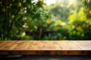 Empty table surface no objects on the table, blurred bamboo forest in the background. Generative AI photo