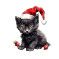 watercolor cute kitten cat face with smiling expressions, wearing a santa hat . AI Generated png