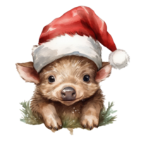 Happy cute piglet wearing a Santa hat . AI Generated png