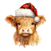 watercolor cute adorable Highland cow with santa hat . AI Generated png